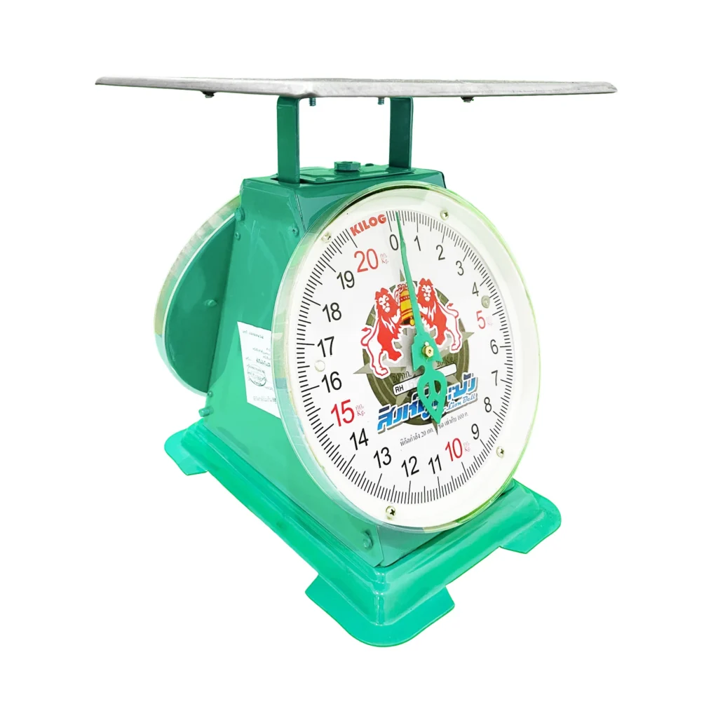 เครื่องชั่งสปริง ตราสิงห์คู่ระฆัง ตัวถังเหล็ก พิกัด 20 กก. จานแบน